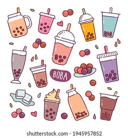 Boba Drink Doodle Hand Drawn Vector Icons For Boba Shop Wallpaper Decoration Vector Illustration