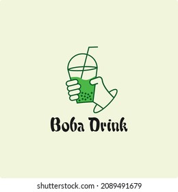 boba drink green tea whit hold hand .line art ,mono line logo. simple vector illustration