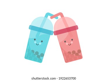 Boba Drink Illustration In Beautiful And Bright Blue And Pink, And Cute Character's Face