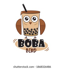 boba drink logo with brown cute bird illustration. vector