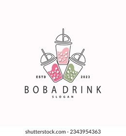 Boba Drink Logo, Milk Tea Cute Boba Pearl Jelly Drink Bubble Vector Simple Minimalist Design