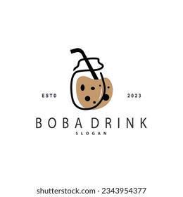 Boba Drink Logo, Milk Tea Cute Boba Pearl Jelly Drink Bubble Vector Simple Minimalist Design