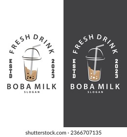 Boba Drink Logo, Milk Tea Cute Boba Pearl Jelly Drink Bubble Vector Simple Minimalist Design
