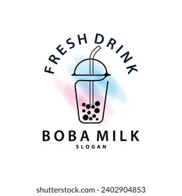 Boba Drink Logo, Milk Tea Cute Boba Pearl Jelly Drink Bubble Vector Simple Minimalist Design
