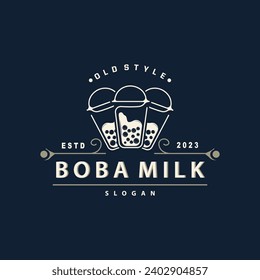 Boba Drink Logo, Milk Tea Cute Boba Pearl Jelly Drink Bubble Vector Simple Minimalist Design