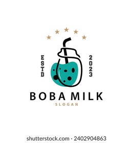 Boba Drink Logo, Milk Tea Cute Boba Pearl Jelly Drink Bubble Vector Simple Minimalist Design