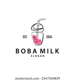 Boba Drink Logo, Milk Tea Cute Boba Pearl Jelly Drink Bubble Vector Simple Minimalist Design