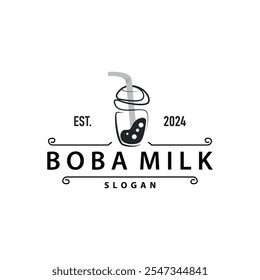 Boba Drink Logo, Milk Tea Cute Boba Pearl Jelly Drink Bubble Vector Simple Minimalist Design