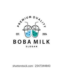 Boba Drink Logo, Milk Tea Cute Boba Pearl Jelly Drink Bubble Vector Simple Minimalist Design