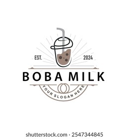 Boba Drink Logo, Milk Tea Cute Boba Pearl Jelly Drink Bubble Vector Simple Minimalist Design