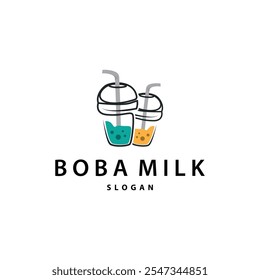 Boba Drink Logo, Milk Tea Cute Boba Pearl Jelly Drink Bubble Vector Simple Minimalist Design