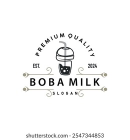 Boba Drink Logo, Milk Tea Cute Boba Pearl Jelly Drink Bubble Vector Simple Minimalist Design