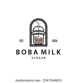 Boba Drink Logo, Milk Tea Cute Boba Pearl Jelly Drink Bubble Vector Simple Minimalist Design