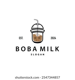 Boba Drink Logo, Milk Tea Cute Boba Pearl Jelly Drink Bubble Vector Simple Minimalist Design