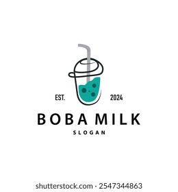 Boba Drink Logo, Milk Tea Cute Boba Pearl Jelly Drink Bubble Vector Simple Minimalist Design