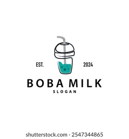 Boba Drink Logo, Milk Tea Cute Boba Pearl Jelly Drink Bubble Vector Simple Minimalist Design