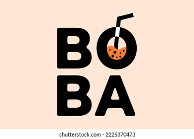 Boba Drink Logo Vorlage mit Illustrationen von Getränken und Strohhalmen.