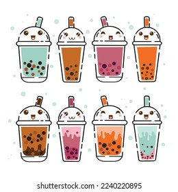 Boba drink in plastic cups with emotions, smiling faced characters