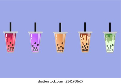 Boba Drinks large cup, Boba drink in vector illustration, Taro, tiramisu, red velvet, matcha tea, brown sugar flavors. sweet and delicious