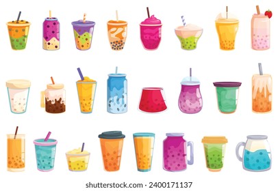 Boba icons set cartoon vector. Cup drink. Fruit berry chocolate