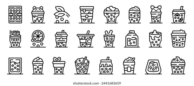 Boba icons set outline vector. Bubble cup drink. Chocolate berry fruit