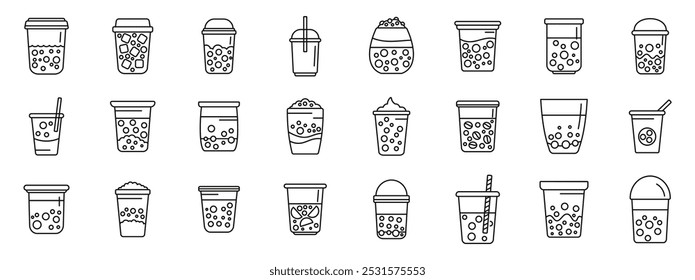 Boba icons set. This large set of bubble tea cups shows a variety of flavors and styles of the popular drink