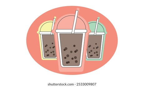 Boba logo design template, milk bubble tea with floating balls in plastic glasses with straws. bubble tea icon with fruit fillings