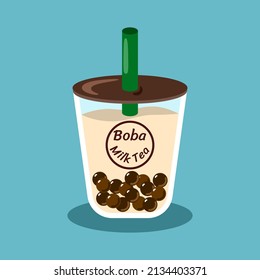 Boba milk tea, black bubble or pearl milk tea, the popular Taiwanese beverage in plastic cup with seal cap and logo screen on cup. Flat vector style isolated in green background