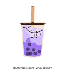 Té de leche Boba, bebida de perlas de burbuja en vidrio con paja. Burbujas de taro tailandés, bebida helada taiwanesa. Cóctel de tapioca, batido de Taiwán. Ilustración vectorial plana aislada sobre fondo blanco