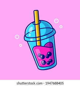 Boba Milk Tea Cartoon Vector Icon Illustration. Food And Drink Icon Concept Isolated Premium Vector. Flat Cartoon Style