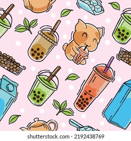 Boba milk tea doodle seamless pattern