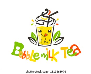 Boba Milk Tea Logo, Bubble tea, Taiwan Drinks, Fresh drink sign, Beverage symbol with cute and kawaii doodle, Linear cocktail outline icon - Vector