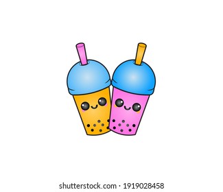 Boba Milk Tea Logo, Bubble Tea, Beverage Symbol with Cute Vector Kawaii Character of Boba Milk Tea