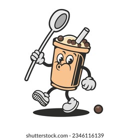 Boba milk tea mascot logo design, retro drink mascot holding a spoon with boba on top logo mascot in isolated background