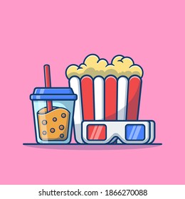 Boba milk tea and popcorn with 3D movie glasses cartoon vector illustration. Food and drink concept. Flat cartoon style