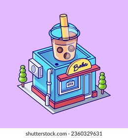 Boba Milk Tea Shop Building Isometric Cartoon Vector Icon Illustration. Drink Building Icon Concept Isolated Premium Vector. Flat Cartoon Style