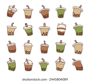 Boba milk tea with tapioca pearls. Bubble drink. Hand drawn style. Vector drawing. Collection of design elements.