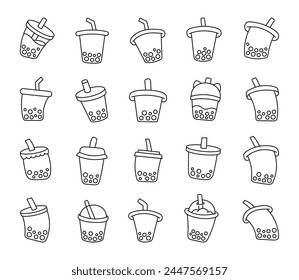 Boba milk tea with tapioca pearls. Coloring Page. Bubble drink. Hand drawn style. Vector drawing. Collection of design elements.