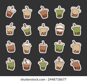 Boba milk tea with tapioca pearls. Sticker Bookmark. Bubble drink. Hand drawn style. Vector drawing. Collection of design elements.