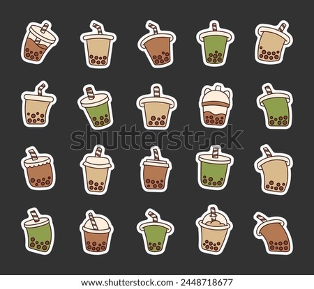 Boba milk tea with tapioca pearls. Sticker Bookmark. Bubble drink. Hand drawn style. Vector drawing. Collection of design elements.