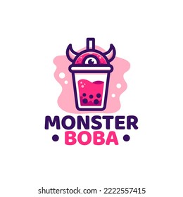 boba monster logo mascot vector illustration. cute cartoon drink a cup of boba