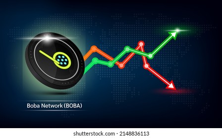 Moneda negra de Boba Network. Símbolo de criptodivisa con gráfico de inversión en bolsa verde y rojo. Icono de moneda en fondo oscuro. Concepto de negocios de tendencias económicas. Ilustración vectorial 3D.