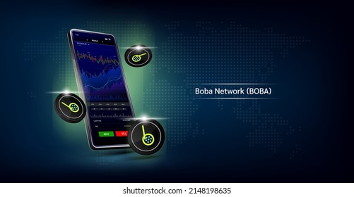 Boba Network coin and Phone. App for trading crypto currency on the touch screen smartphone. Data analytics stock market. Trends and financial strategy. Mobile banking cryptocurrency. Vector 3d. 