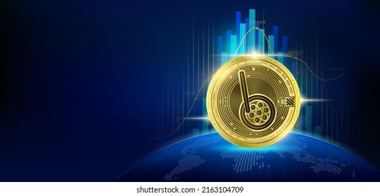 Moneda de oro de Boba Network. El futuro de la criptodivisa de token. Mercado bursátil de la cadena de bloqueo y monedas criptográficas. Espacio vacío en pantalla en blanco para el texto publicitario. Cartel de noticias en el mapa mundial. EPS10 vectores.