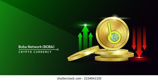 Boba Network token cryptocurrency banner. Future currency on blockchain stock market with red-green arrows up and down. Gold coins crypto currencies. Banner for news on a green background. 3D Vector.