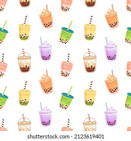 Boba pattern. Seamless background with bubble milk tea. Repeating print of tapioca pearl drink in cups. Endless backdrop with Asian milky juice dessert in glasses. Colorful flat vector illustration