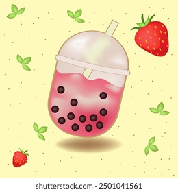 Boba Strawberry Flavor Illustration. Sticker element for Bubble Tea or Drinks with tapioca pearl Branding or other promotional material.