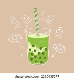 Boba tea. Asian Taiwanese drink. Hand drawn colored trendy vector illustration with text. Cartoon style. Flat design. Taro Bubble tea. Milk tea with tapioca pearls. Luttering with doodle elements.