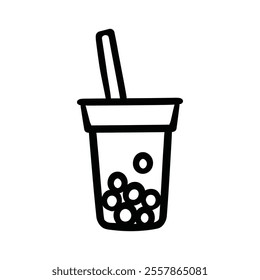 Boba Tea or Bubble Tea Icon Hand Drawn Black White Thick Lines