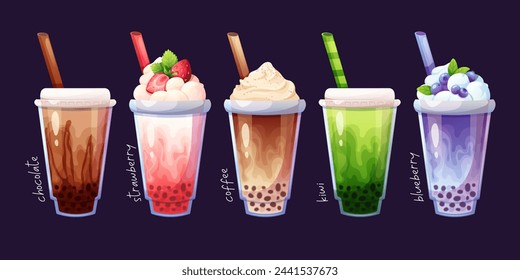 Boba tea, bubble tea milk collection. Vector illustration of bubble tea with chocolate, coffee, kiwi, strawberries and blueberries